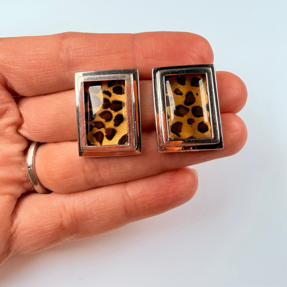 SETA Leopard Print Frame Avant Garde Sterling Silver 925 VTG 80's Glam Earrings - Picture 4 of 9